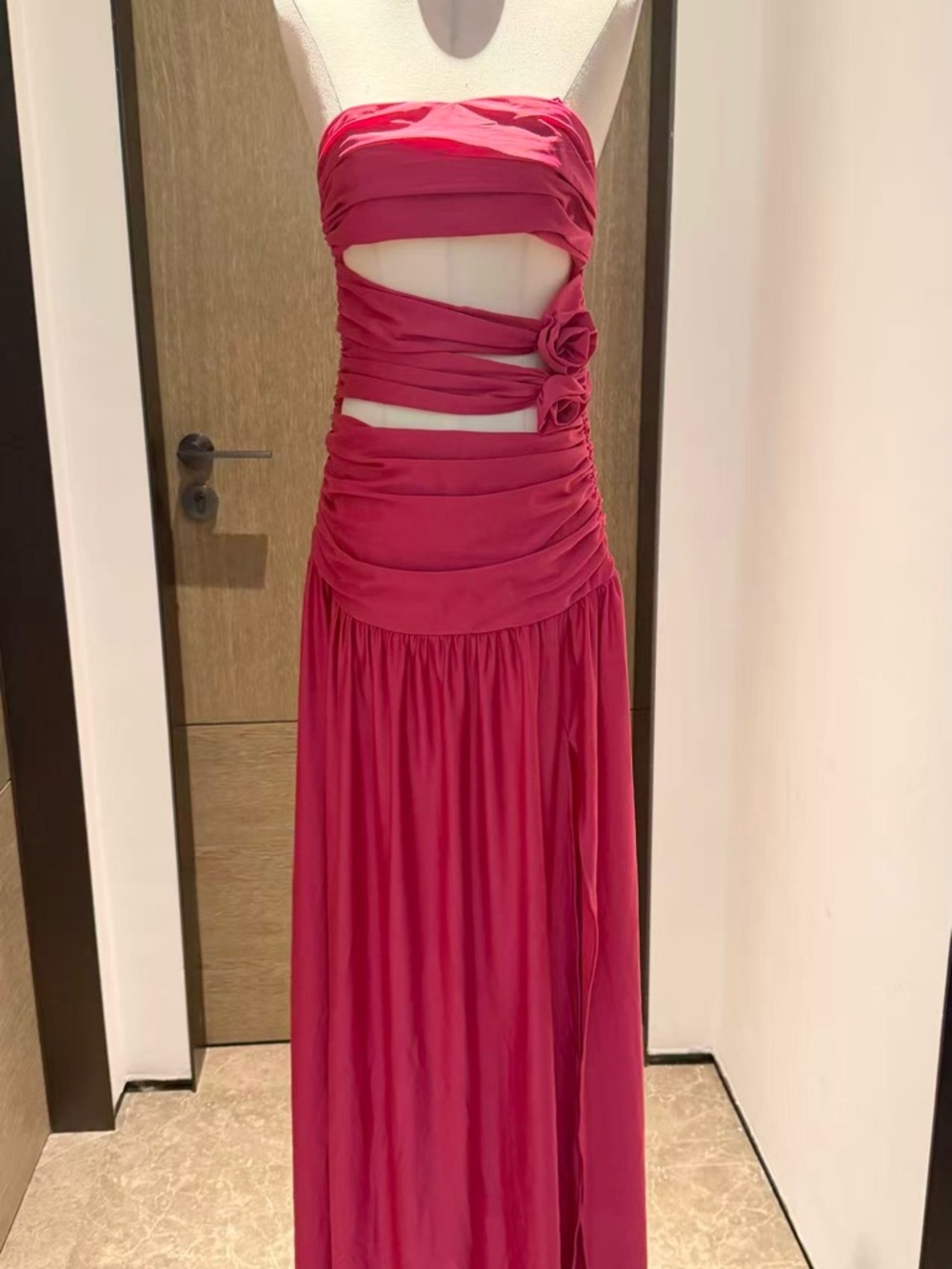 Strapless Fuchsia Cutout Maxi Dress with Floral Knot Detail